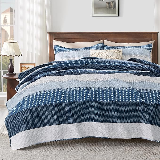 Queen Quilt Set Navy Blue, 3 Pieces Striped Bedspread | Ultra Soft Summer by Andency