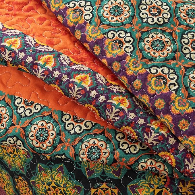 Boho Stripe Quilt Sets Floral Printed Reversible Soft Bohemian Bedding Set - Image 4