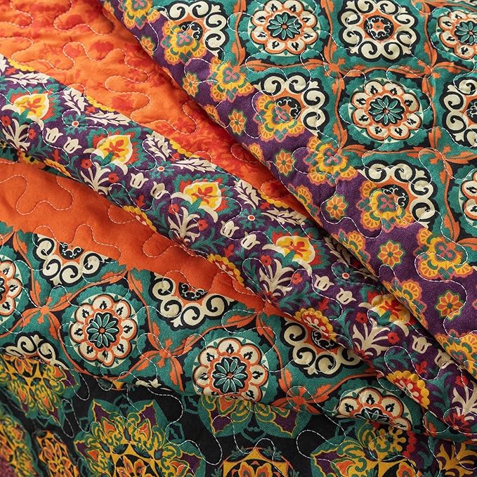 Boho Stripe Quilt Sets Floral Printed Reversible Soft Bohemian Bedding Set - Image 4