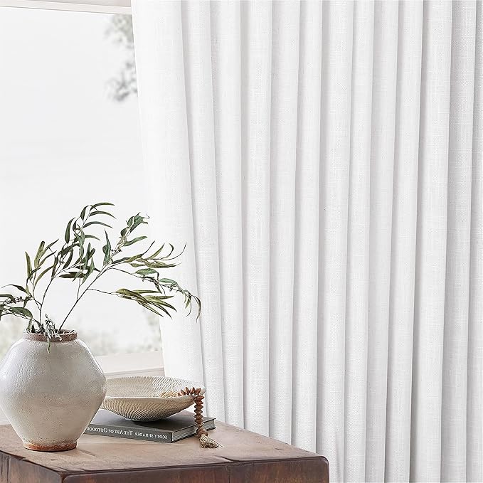Pinch Pleated Extra Wide Linen Curtains 120 Inches Long for Patio Sliding Glass Door White 70 Inch Wide Pleated Drapes with Hooks Rings Neutral Natural Semi Sheer 70x120 Curtain for Living Room