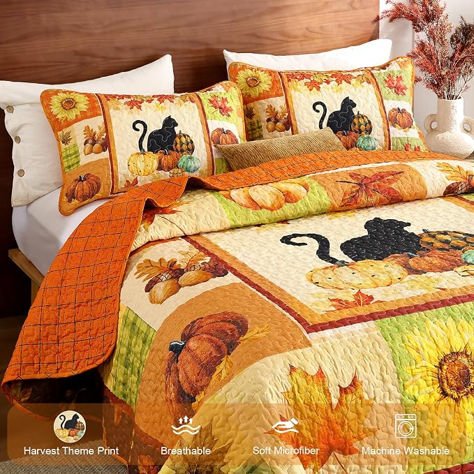 Yiran Happy Thanksgiving Harvest Fall Quilt Set King Size | Pumpkin Maple - Image 5