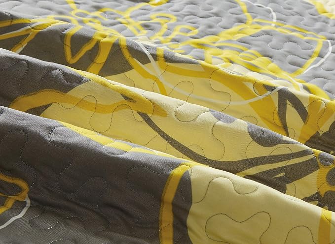 Home Collection Quilt Bedspread Set Over Size Flowers Printed Grey Yellow - Image 2
