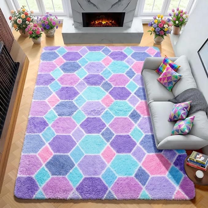 Checkered 6x9 Area Rugs for Living Room, Fluffy Purple Rainbow Colorful Rug for - Image 4