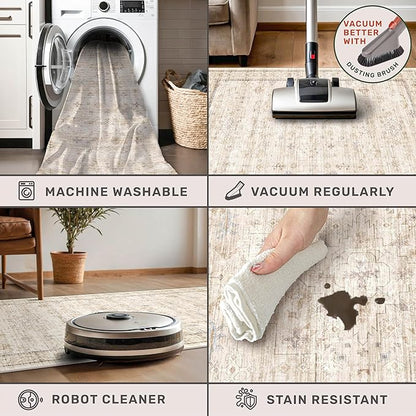 2'6"x10' Extra Long Runner Rugs for Hallways Non Slip, Machine Washable Rug Runner for Kitchen Floor, Entryway, Soft Low Pile Neutral Light Beige Décor, Geometric Floral Pattren Stain Resistant Carpet