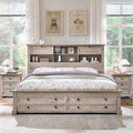Farmhouse Queen Size Bed Frame with 54" Tall Storage Bookcase Headboard, 18" Roman Column Decoration Footboard,2 Drawer & 4 Storage Rack,Wood Platform Bed Frame, No Box Spring Needed(Light Rustic Oak)