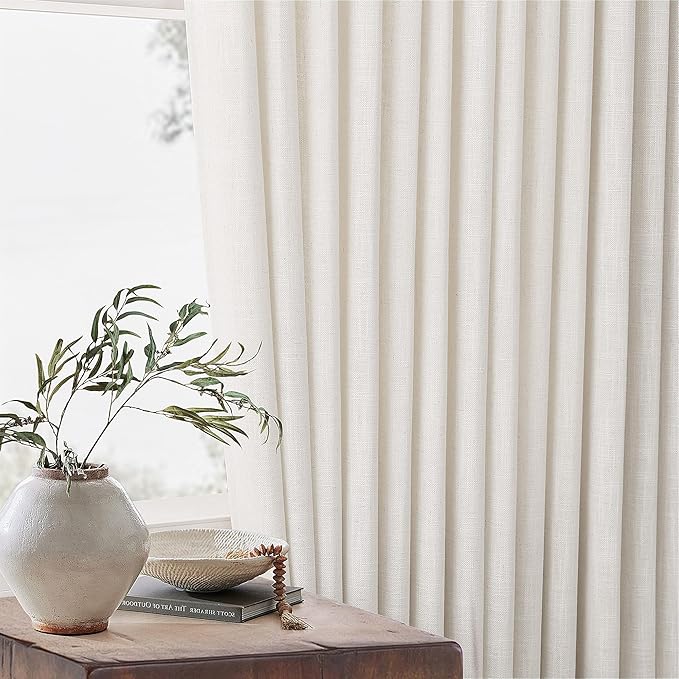 Pinch Pleated Extra Wide Curtain Panels 96 Inches Long 70 Wide Linen Curtain for Patio Sliding Glass Door Semi Sheer Cream Hooks Rings Privacy 96 Inch Length for Living Room 70x96 1 Panel