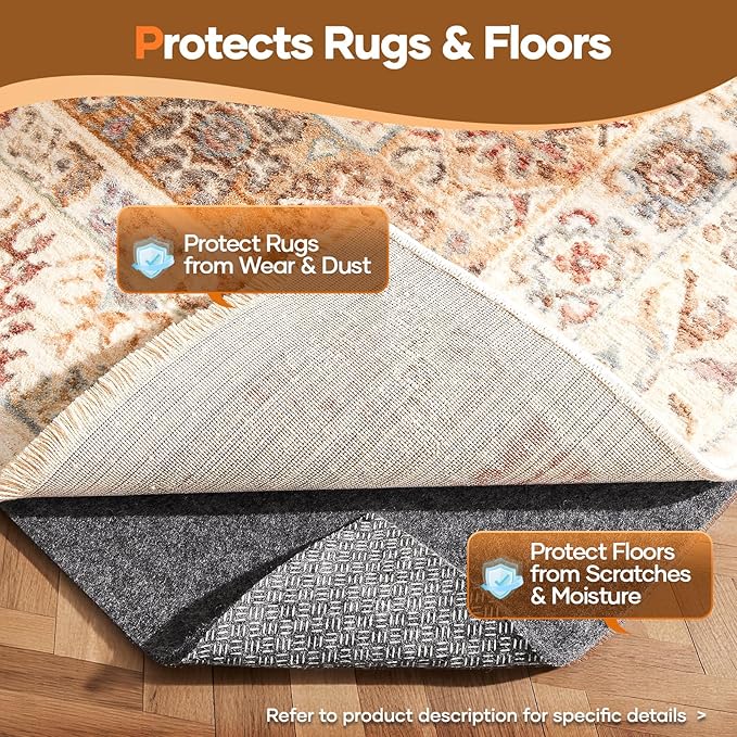 Veken Non Slip Cushioned Rug Pad Gripper 8 x 11 Ft, Felt and Silicone Backing, 1/4 inch Thick Carpet Liner for Hardwood Floors and Finishes, Under Area Rugs Anti Skid Mat, Keep Rugs Safe and in Place