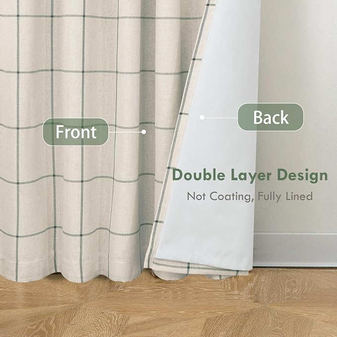 DriftAway 100% Blackout Plaid Linen Curtains W52xL96 Loden Green | 100% Blackout - Image 3