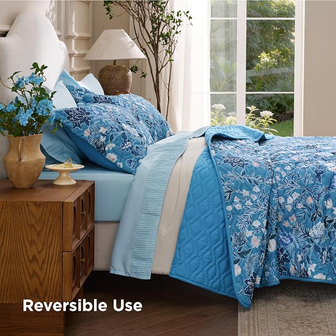 Bedsure Floral Quilts King Size, Reversible Blue Floral Comforter Bedding | - Image 7