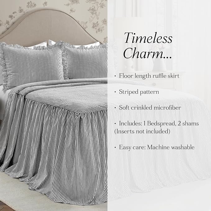 Lush Decor Ticking Stripe Bedspread King Size 3 Piece Set Black - Image 6
