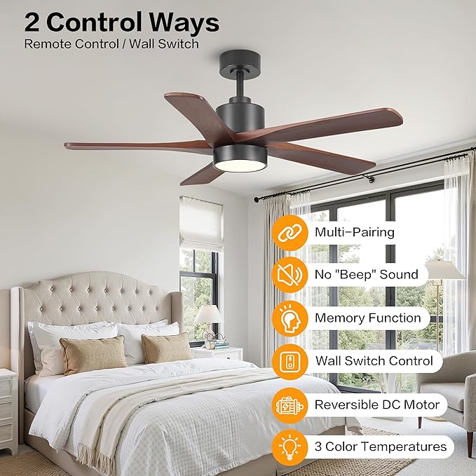 WINGBO 48 Inch DC Ceiling Fan with Lights and Remote Control, 5 Carved Solid Wood Blades, 6-Speed Noiseless Reversible DC Motor, Indoor Ceiling Fan in Matte Black Finish with Walnut Blades