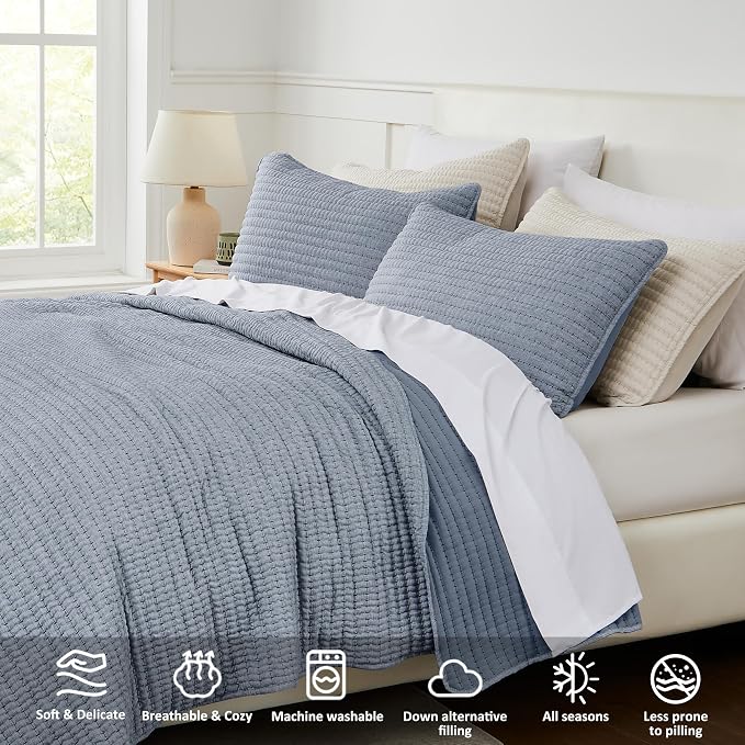 WDCOZY Chambray Pick Stitch King Size Quilt Set, Denim Blue Striped Lightweight - Image 3