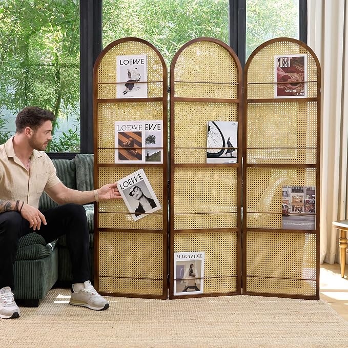 Rattan Room Divider with Bookshelf, Privacy Screen by Svimi