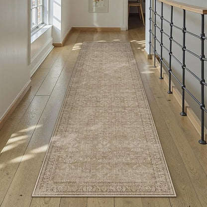 2x10 Light Brown Area Rug Runners for Hallways Washable Vintage Distressed Carpet Low Pile Non Slip Indoor Retro Soft Long Accent Rug Bedroom Kitchen Bathroom Laundry Dining Living Room