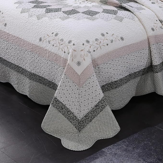 ROOMLIFE Quilt Set King Size 3D Floral Embroidery Pattern 3-Piece Cotton | - Image 3