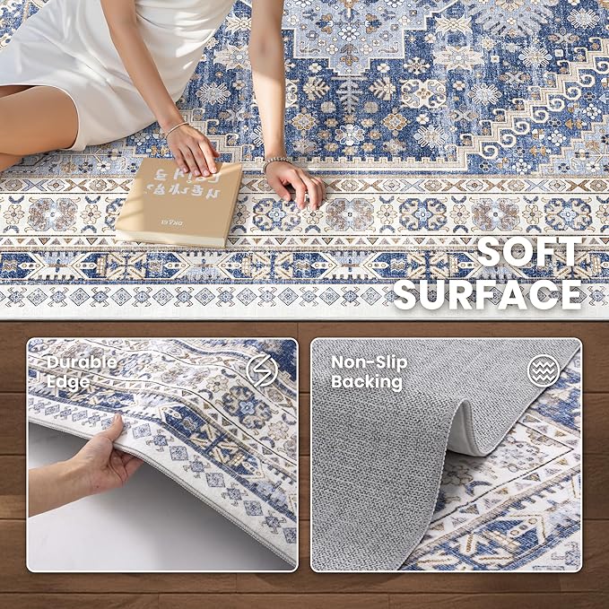 zesthome 8x10 Area Rugs for Living Room,Non-Slip Backing Washable Rugs,Vintage Large Area Rug,Stain Resistant Home Decor Rug (Blue/Beige,8'x10')