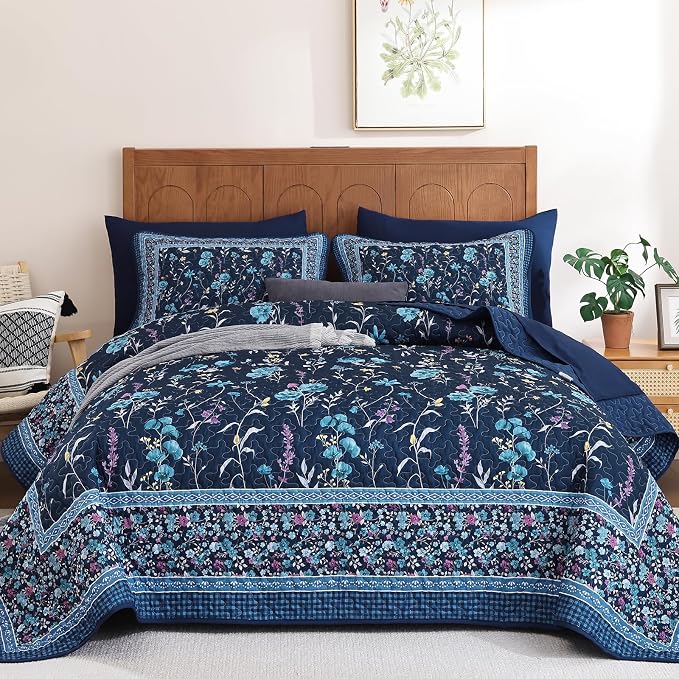 WONGS BEDDING Floral Quilts Set Queen, Microfiber Lightweight Farmhouse Bed by WONGSBEDDING