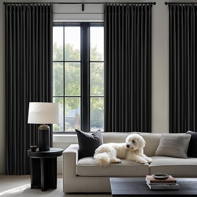 Black Pinch Pleated Blackout Linen Curtains 86 Inches Long for Bedroom Pleated 100% Black Out Drape with Liner Modern Farmhouse Midnight Extra Long 86 Inch Window Curtain Panel for Living Dining Room
