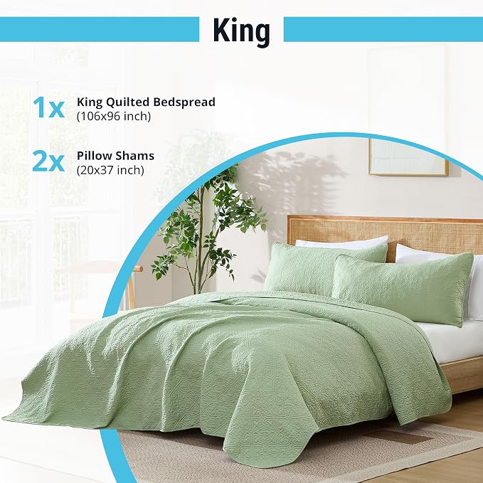 HLC.ME Lorenzo - Green Bedspreads & Coverlet Set - 3 Piece King Size Quilt Set - Image 3