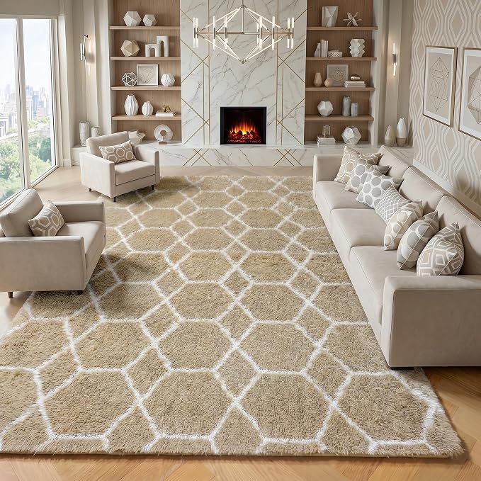 8x10 Area Rugs for Living Room, Fluffy Beige and White Bedroom Rug, Geometric by ONASAR