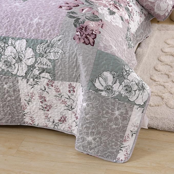 DURLENGEN Patchwork Quilt Set King Size 3Pcs, Floral - Image 8