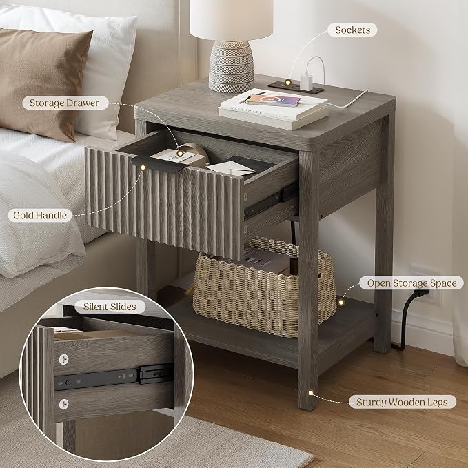 Night Stand Set 1, Fluted Wood Bedside Table w/Socket Station - Image 5