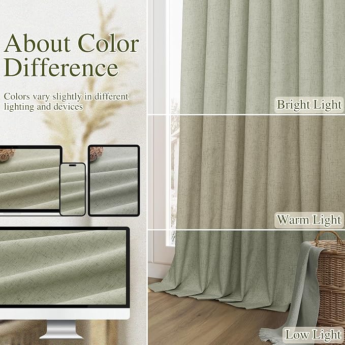 Sage Green 100% Blackout Linen Curtains 95 Inch Length 2 Panels Set - Image 7