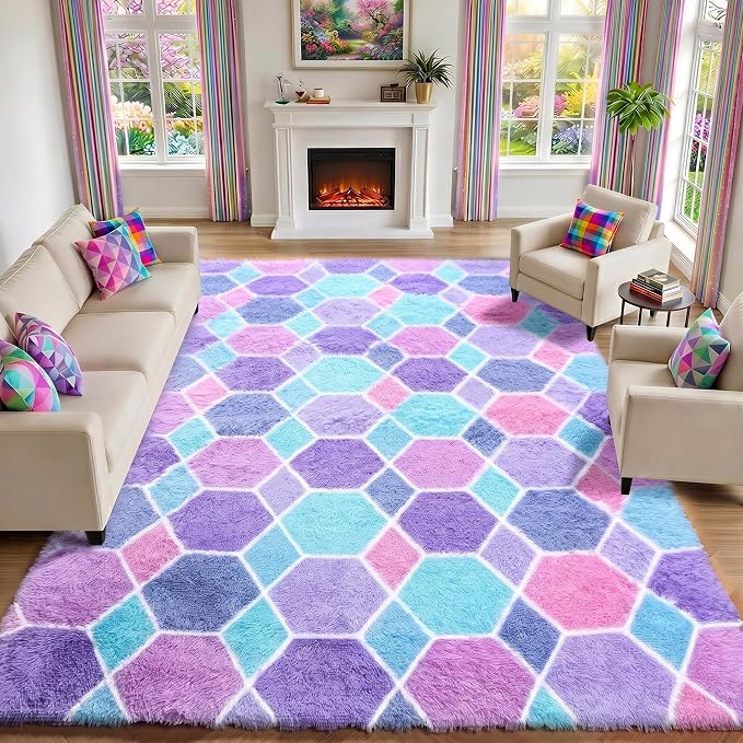 Checkered 8x10 Area Rugs for Living Room, Large Fluffy Purple Rainbow Colorful - Image 5