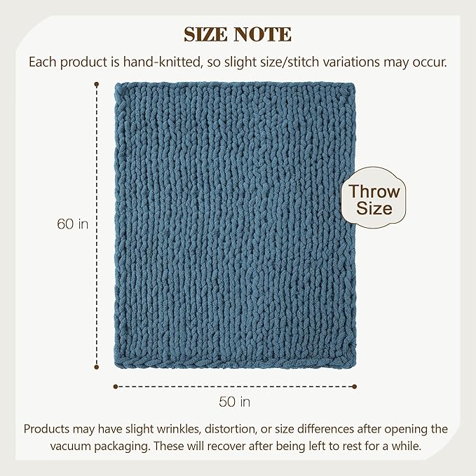 Carriediosa Chunky Knit Throw Blanket 50" X 60", 100% Hand Made Large Chenille Loop Yarn Soft Fluffy Throws for Couch Sofa Bed, Big Crochet Cozy Heavy Thick Cable Woven Blankets, Lyons Blue