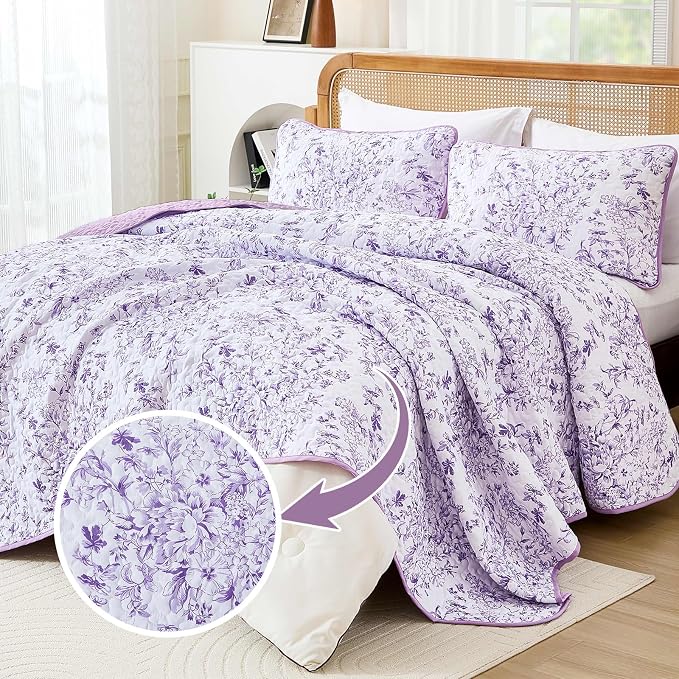 WONGS BEDDING Botanical Quilt King Size, 3 Pieces Bedspread Set, Polyester - Image 2