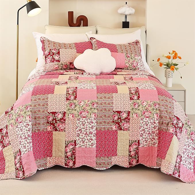 Cmfshape Summer Floral California King Bedspread, Romantic Pink Quilt Set King - Image 3