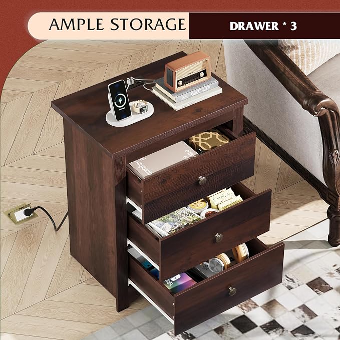 WLIVE Tall Nightstand with Charging Station, Wood Night Stand with 3 Drawers - Image 5