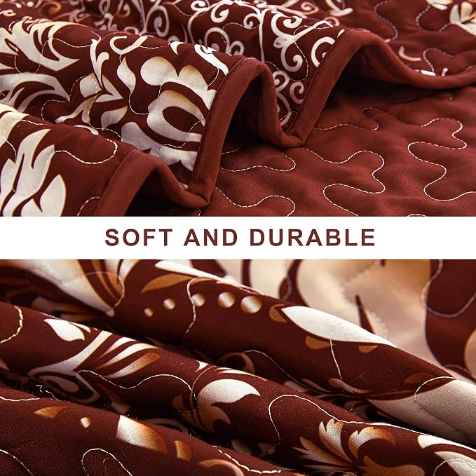 DJY Damask Queen Quilt Set, Boho Lightweight Bedding Set 3 Pcs, Burgundy | - Image 5