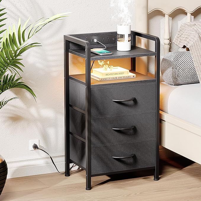 Night Stand Bedside Charger Bedroom - Nightstand with Charging Station & LED Light Strip, Night Stand with Storage Shelf & 3 Fabric Drawers, Morden End Table with U-S-B Ports & AC Outlets