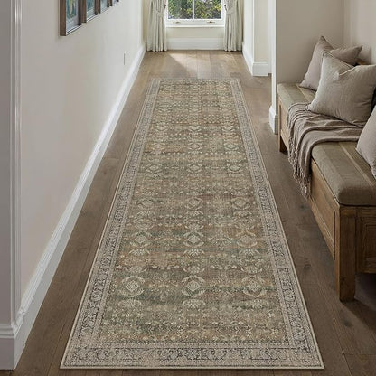 2x12 Brown Area Rug Runners for Hallways Washable Vintage Distressed Carpet Low Pile Non Slip Indoor Retro Soft Long Accent Rug Bedroom Kitchen Bathroom Laundry Dining Living Room