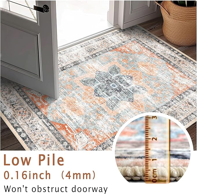 6x9 Area Rug, Ultra-Soft Washable Rug for Living Room, Dinner Room, Bedroom, Non-Slip Vintage Floral Rug, Indoor Carpet Large Area Rug, Orange