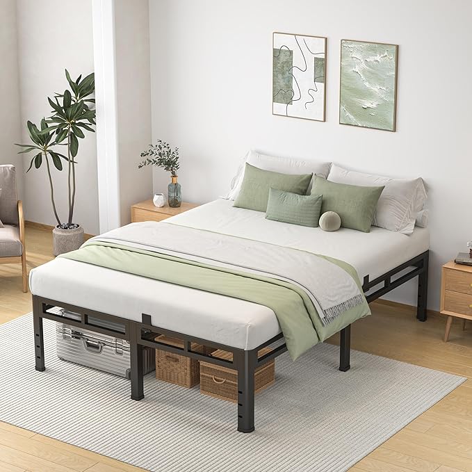 NKZ Full Size Bed Frame 14 Inch, Metal Bed Frame & Box Spring 2 in 1 Platform with Round Corner Legs, 4000lbs Weight Capacity Reinforced Metal Frame, Headboard Hole, Noise-Free, Easy Assembly