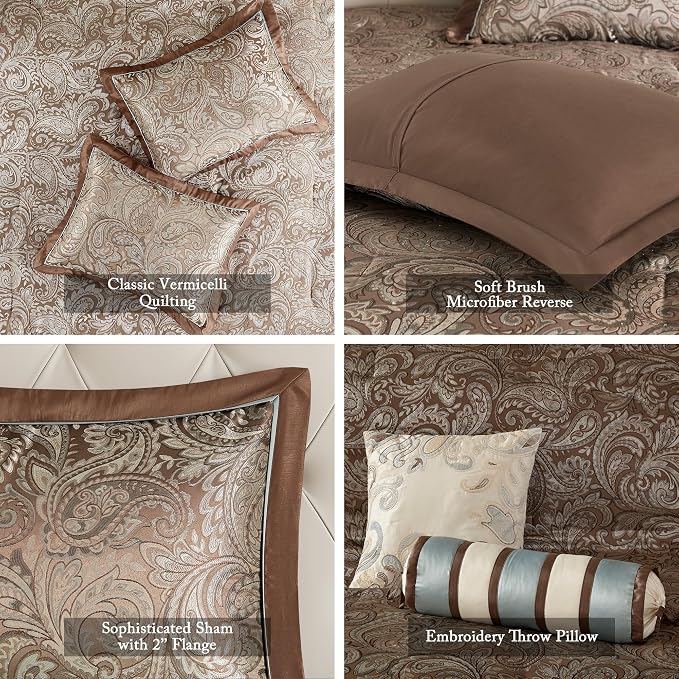 Madison Park Reversible Jacquard Quilted Queen Bedspread Set Blue/Brown - Image 4