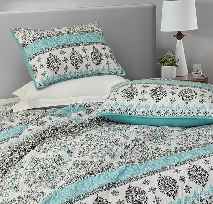 Chezmoi Collection Herald 3-Piece Printed Quilt Set, Aqua Blue Black White Boho - Image 8