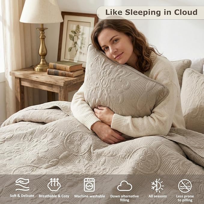 B2EVER Beige Damask Quilt King Size Bedding Sets - Image 3