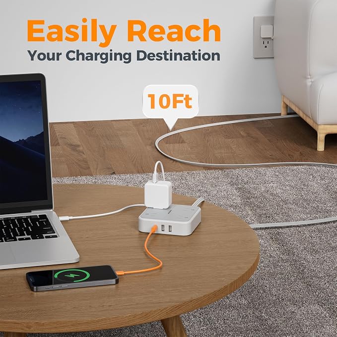 TESSAN Surge Protector Flat Extension Cord 10Ft, Flat Plug Power Strip | 4 - Image 3