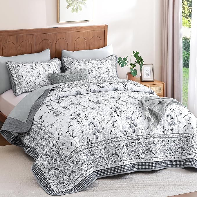 WONGS BEDDING Floral Quilt Set King, Microfiber Lightweight Farmhouse Bed Cover - Image 2