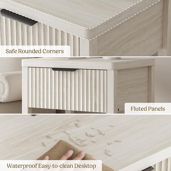 Night Stand Set 2, Fluted Wood Nightstands w/Charging Station - Image 6