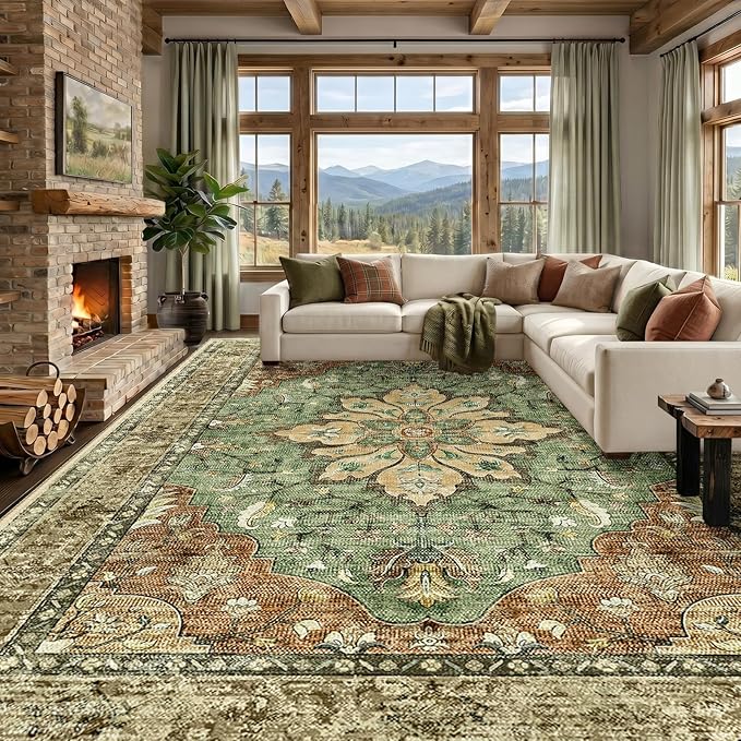 RELEANY Washable Area Rug, Large 9'x12', Brick/Brown/Green | Non-Slip, Water by RELEANY