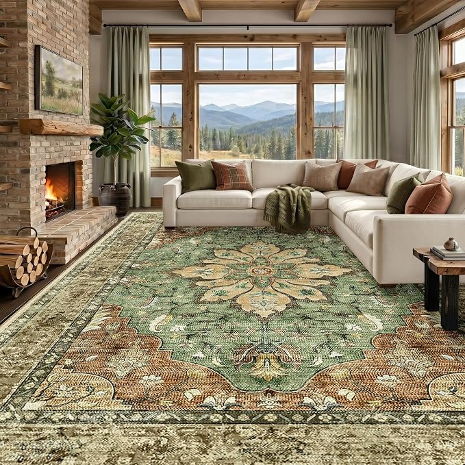 RELEANY Washable Area Rug, Large 10'x12', Brick/Brown/Green | Non-Slip by RELEANY