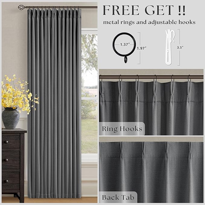 Dark Grey 100 Inch Blackout Pinch Pleated Curtains 2 Panel Set for Living Room Darkening Thick Linen Textured 100% Black Out Drapes 100 Inches Long Pinch Pleat Light Blocking Bedroom Charcoal Gray