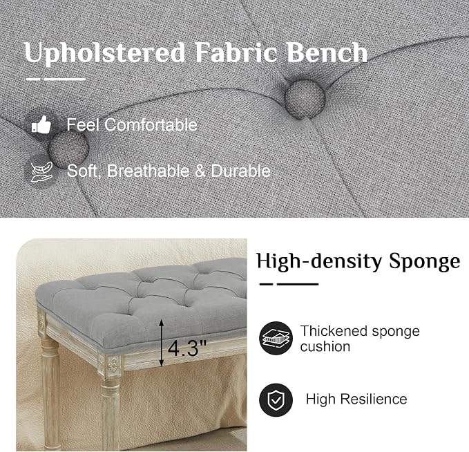 LOULENS 43.9" Linen End of Bed Bench, Vintage Bedroom Bench, Light Grey | French - Image 4