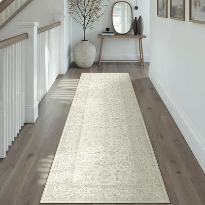 2x8 Grey Runner Rug Hallway Non Slip Kitchen Vintage Distressed Long Carpet Indoor Machine Washable Retro Floral Bedroom Accent Throw Rug for Office Laundry Bathroom Dining Living Room