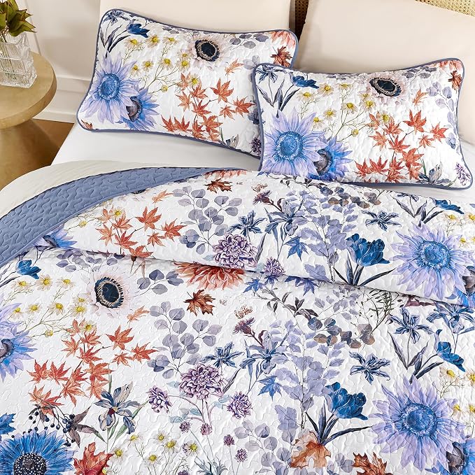 Yiran Blue Floral Quilts Queen Size, Sunflower Botanical Bedding Set | Spring - Image 3