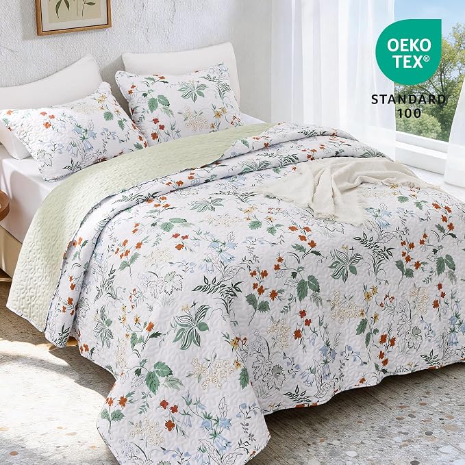 EXQ Home Printed Quilt Set Full Queen Size Green Leaves Bedspread Set | Bedding - Image 2